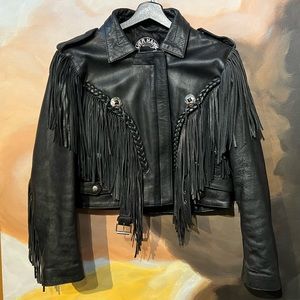 Vintage Leather Moto Jacket w FRINGE,, belted, size M motorcycle concho stars